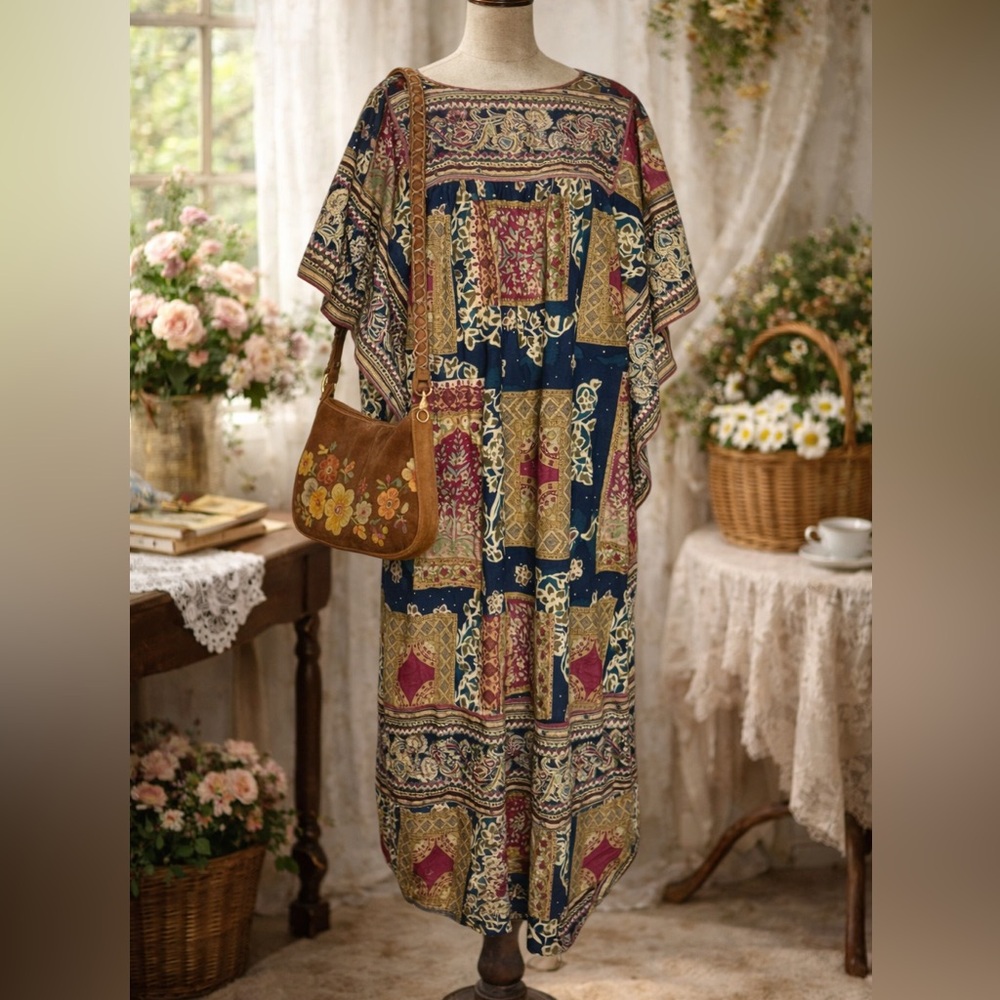 Vintage 1970s Kaftan, Handmade, Patchwork, Bohemian Multicolor Flowy Dress